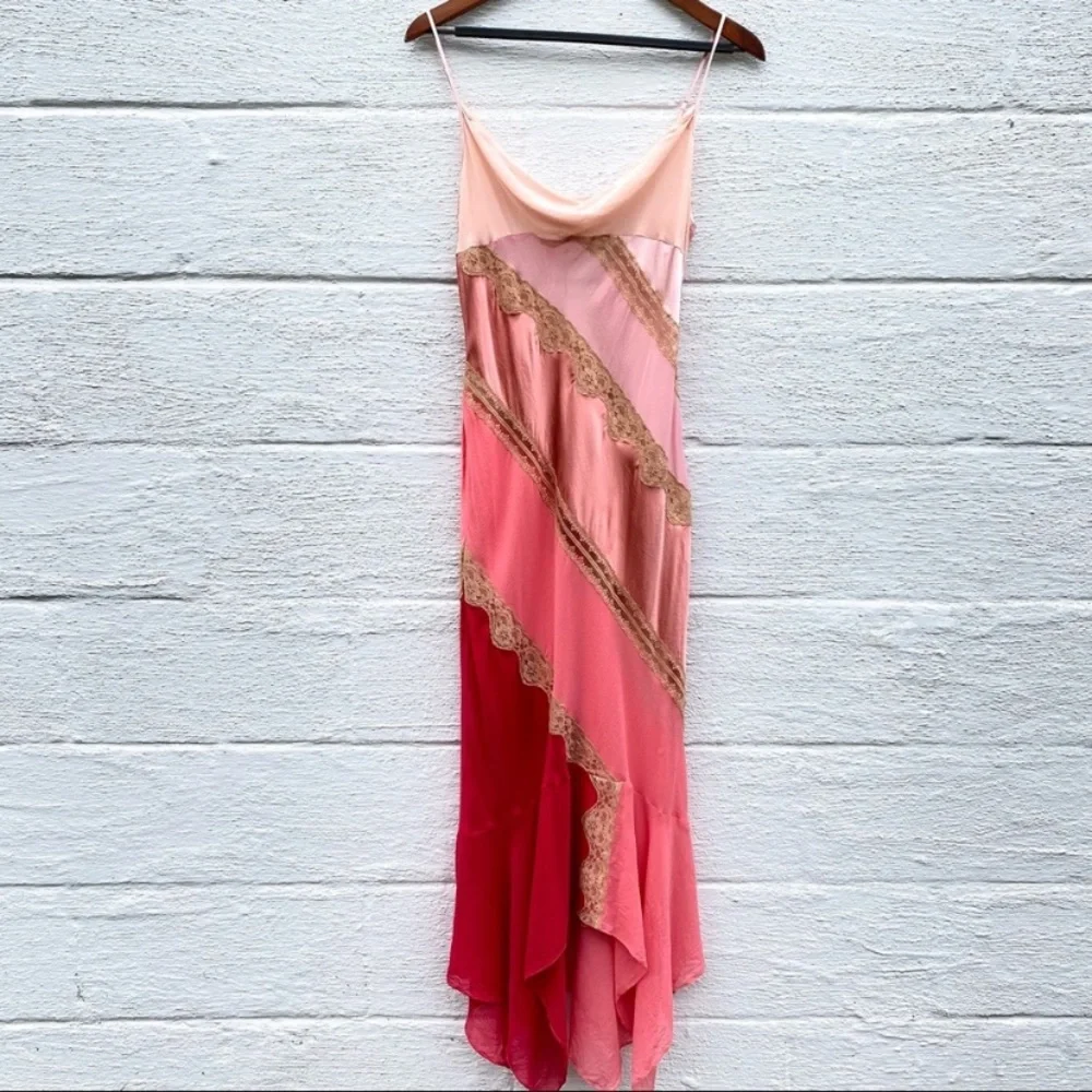 Vintage 90’s Y2K 100% Silk Slip Dress Cowl Boho Sheer Lace Backless Belladonna - Picture 13 of 16